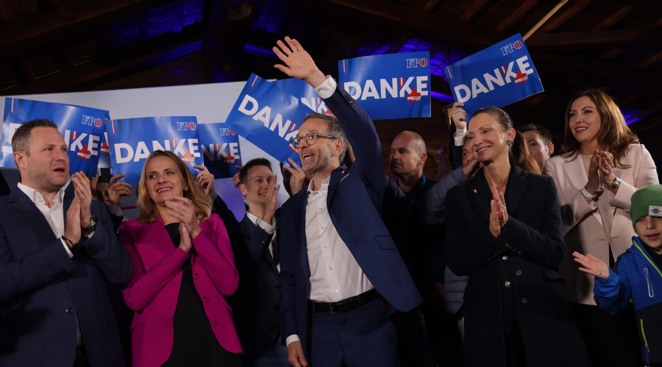 Lead candidate of the far-right Freedom Party of Austria, Herbert Kickl, celebrates with supporters at the FPO’s election party following Austria’s parliamentary elections in Vienna, Sept. 29, 2024. (Sean Gallup/Getty Images)