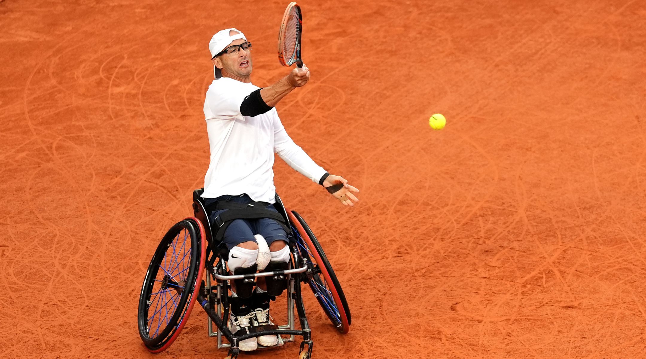 Guy Sasson in action during the quad singles bronze medal match at the Paris 2024 Summer Paralympic Games, Sept. 5, 2024, in Paris. (Zac Goodwin/PA Images via Getty Images)