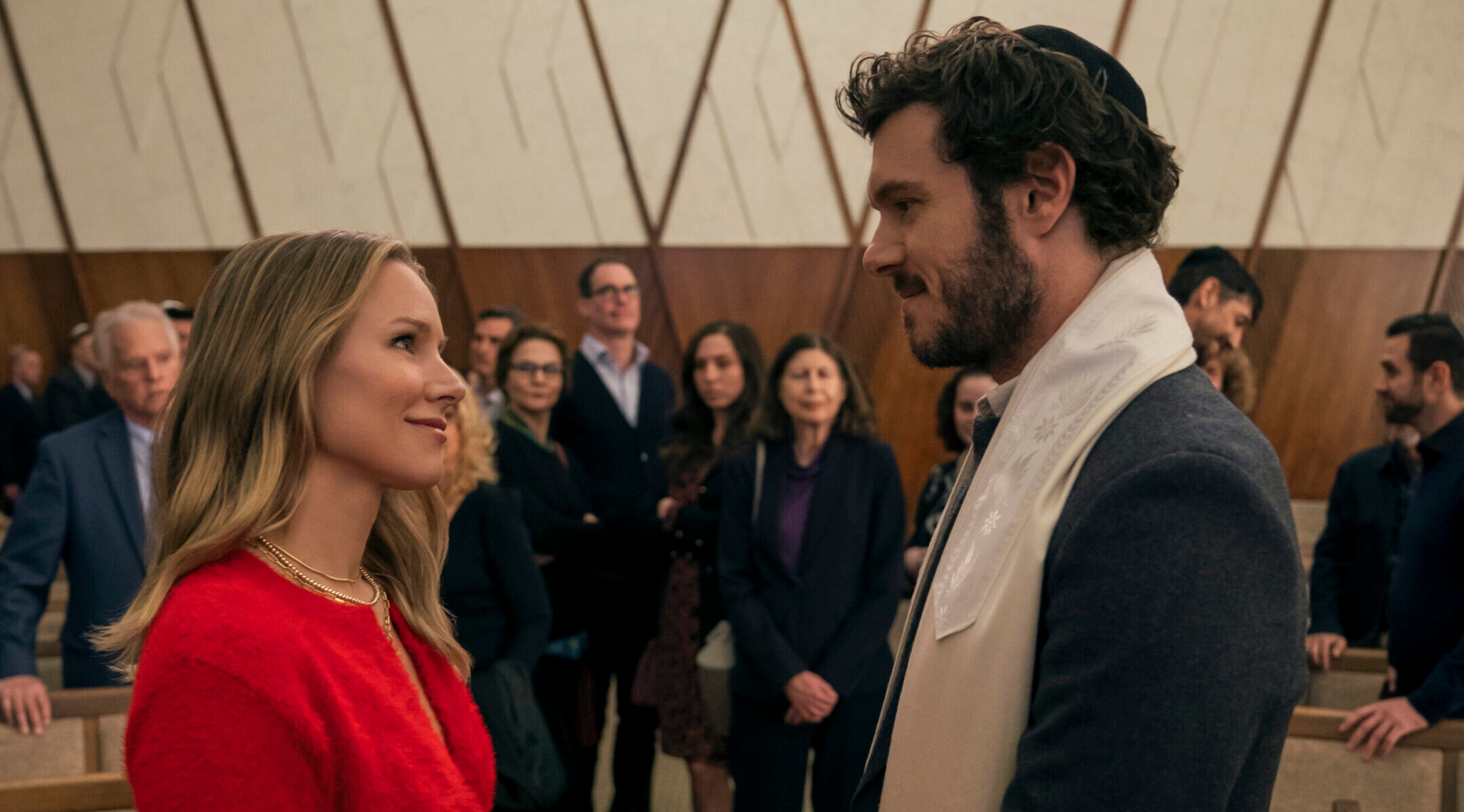 Kristen Bell as Joanne and Adam Brody as Rabbi Noah Roklov in Netflix’s “Nobody Wants This.” (Stefania Rosini/Netflix)