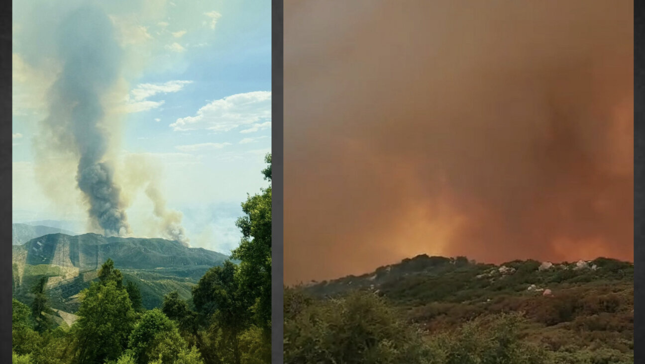 At left, what the fire looked like from Camp Moshava Alevy at 1 p.m. on Friday. The photo on the right, taken by the onsite camp director, is what it looked like six hours after the campsite evacuated.