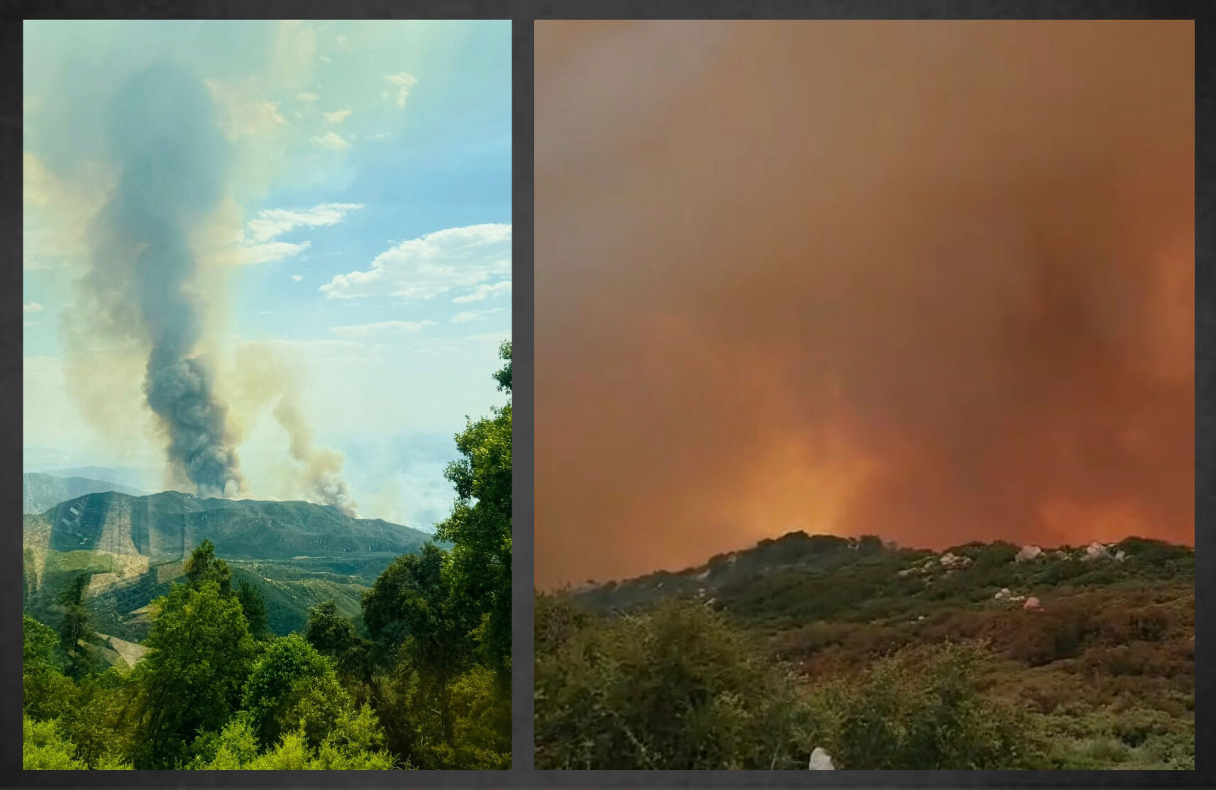 At left, what the fire looked like from Camp Moshava Alevy at 1 p.m. on Friday. The photo on the right, taken by the onsite camp director, is what it looked like six hours after the campsite evacuated.