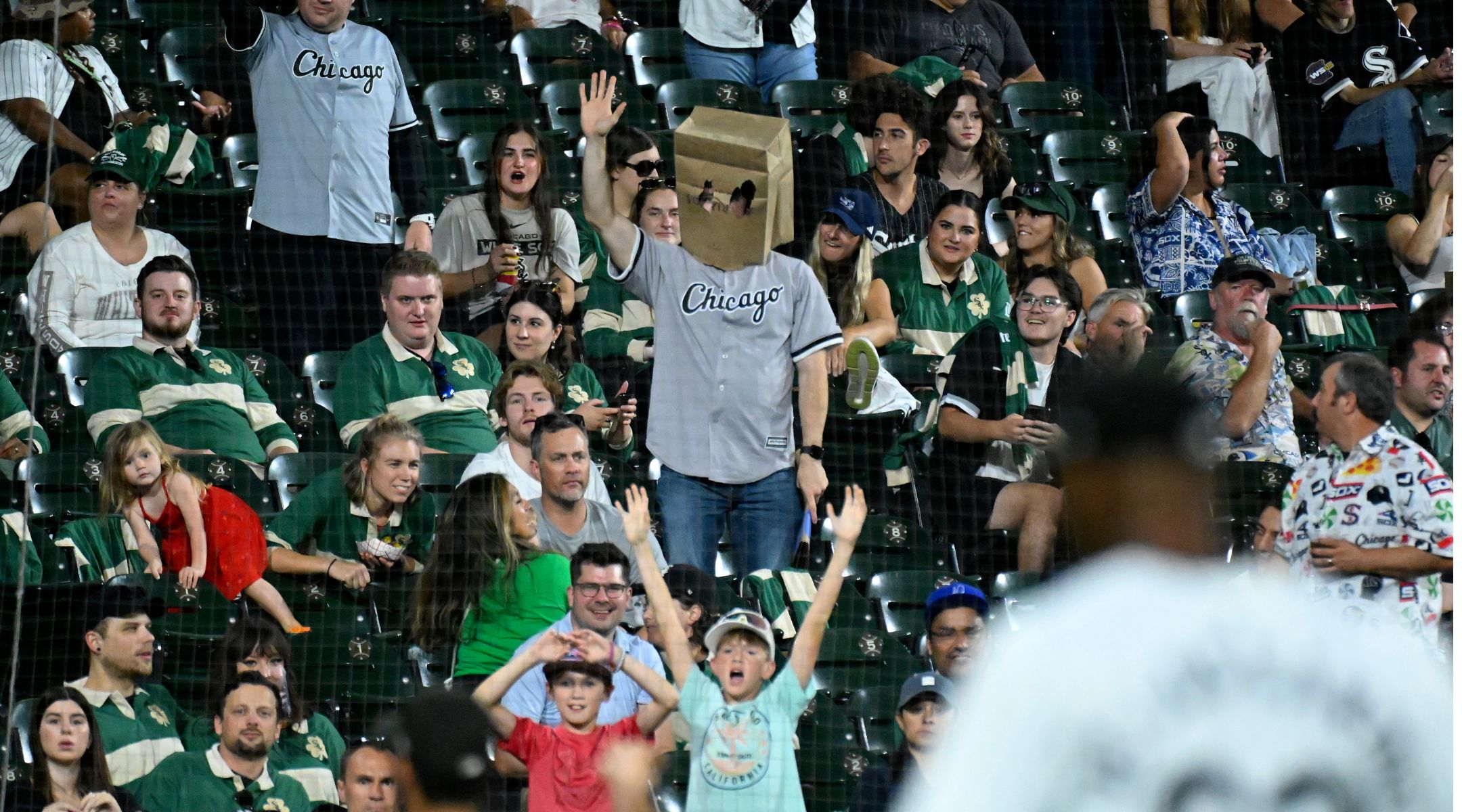 A fan wears a paper bag over his head during a game between the Chicago White Sox and the Oakland Athletics at Guaranteed Rate Field, Sept. 14, 2024, in Chicago. (Nuccio DiNuzzo/Getty Images)