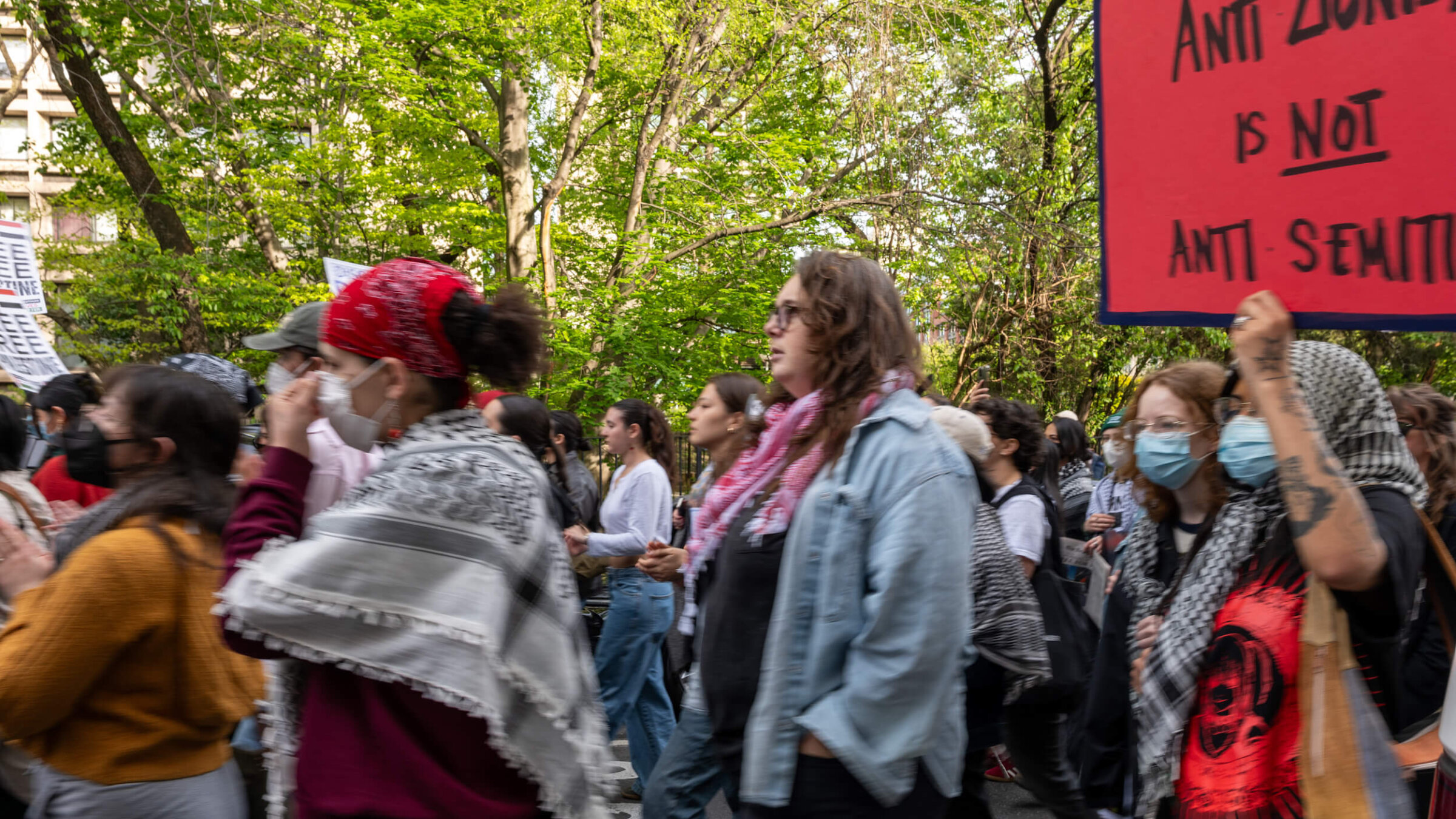 Pro-Palestinian protesters gather outside of New York University buildings in lower Manhattan on May 3.