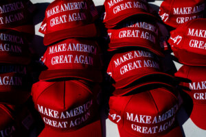 "Make American Great Again" hats for sale before a town hall event with former President Donald Trump and Arkansas governor Sarah Huckabee Sanders. 