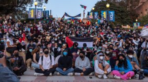 Pro-Palestinian students at UCLA campus set up encampment in support of Gaza and protest the Israeli attacks in Los Angeles, California, May 1, 2024. (Grace Yoon/Anadolu via Getty Images)