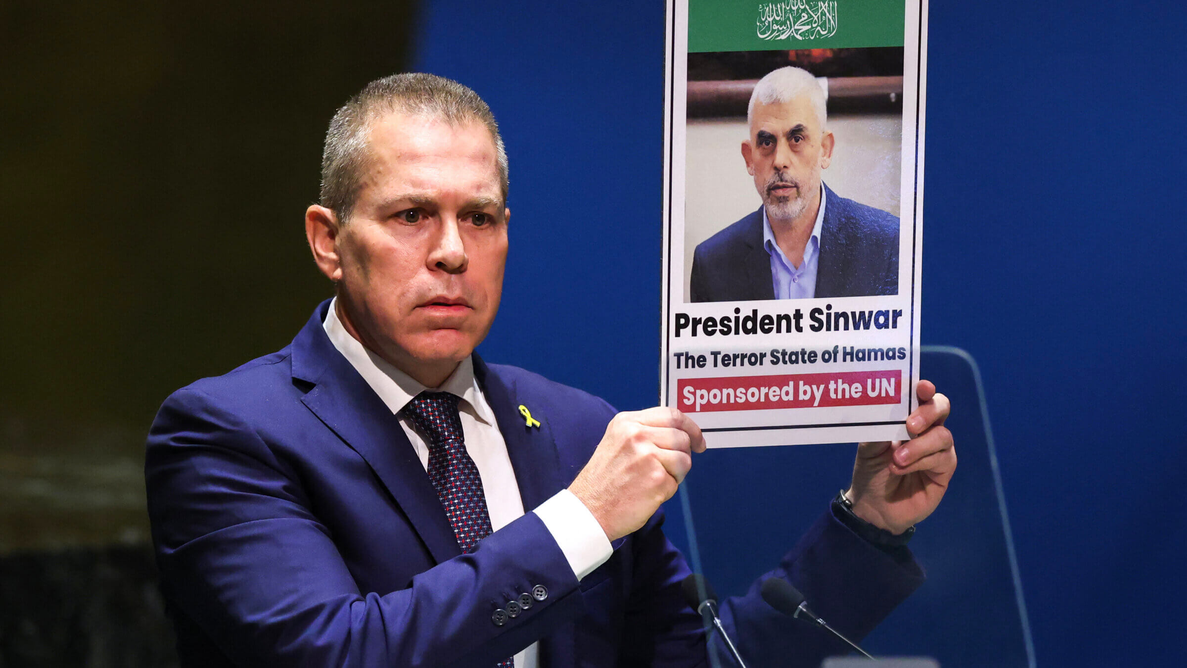 Israeli Ambassador to the U.N. Gilad Erdan holds up a picture of Hamas leader Yahya Sinwar during a special session of the U.N. General Assembly regarding the Palestinian bid for full membership to the U.N.