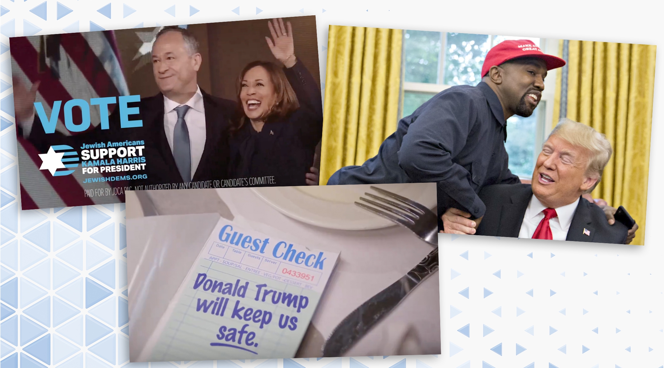 Images from recent ads by, clockwise from top left, the Jewish Democratic Council of America, the Democratic Majority for Israel and the Republican Jewish Coalition. (JTA collage by Joseph Strauss)