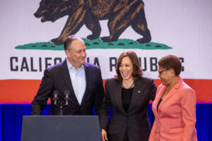 Second gentleman Douglas Emhoff, Vice President Kamala Harris and Los Angeles Mayor Karen Bass on Nov. 7, 2022, in Los Angeles. 