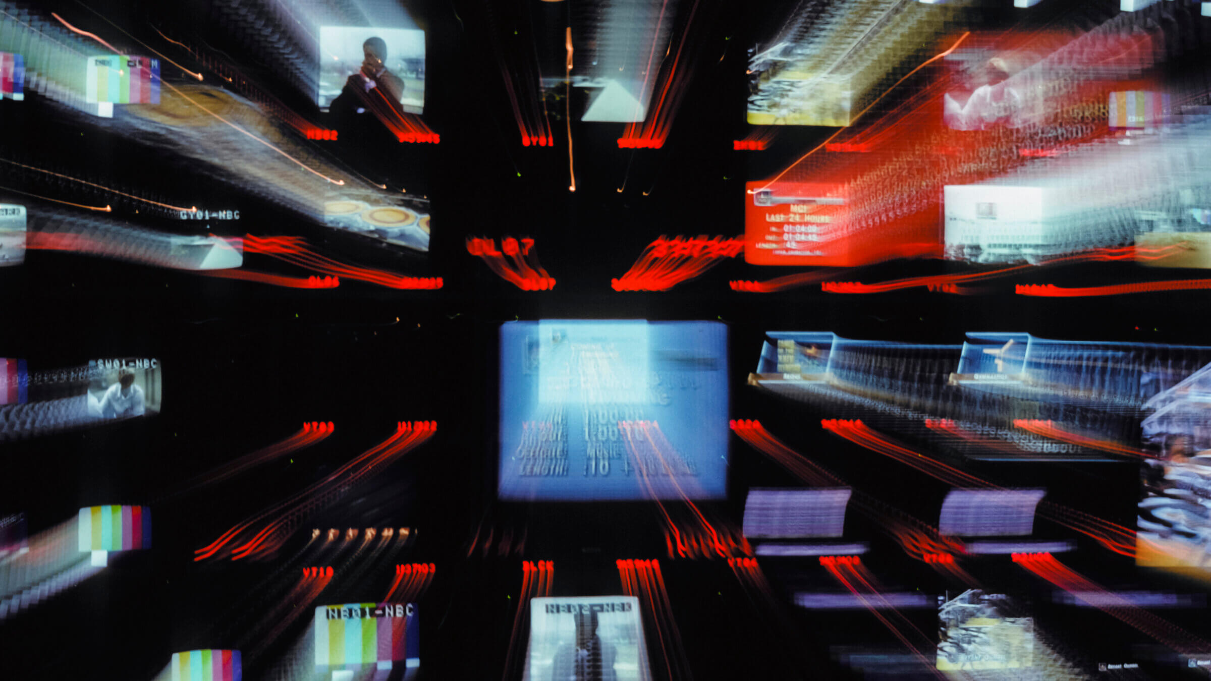  A close-up view of the NBC television control room screens during a 1988 Summer Olympics broadcast.