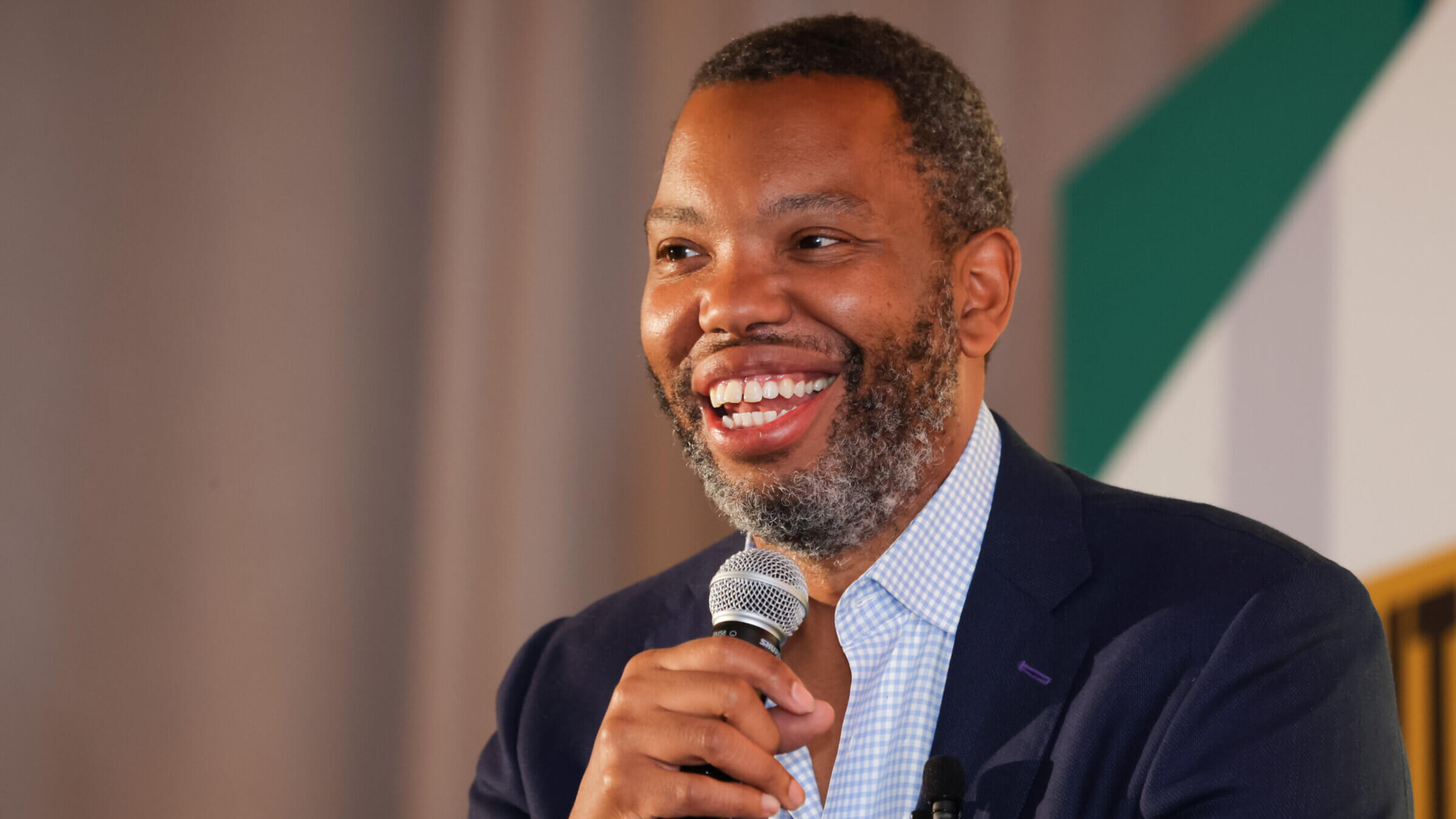  Author Ta-Nehisi Coates is seen onstage during the Alight Align Arise: Advancing the Movement for Repair National Conference at Thompson Buckhead on June 07, 2023 in Atlanta, Georgia.