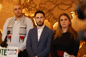 Abbas Alawieh, left, Dearborn Mayor Abdullah Hammoud, center, and Layla Elabed, right, co-founders of the Uncommitted movement, the day after Michigan's presidential primary in February.