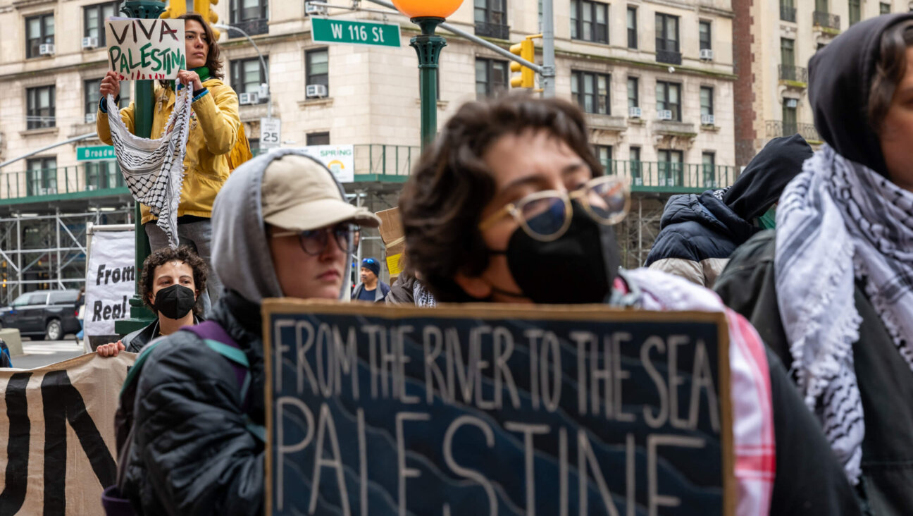 Pro-Palestinian protesters outside Columbia on April 18, 2024.