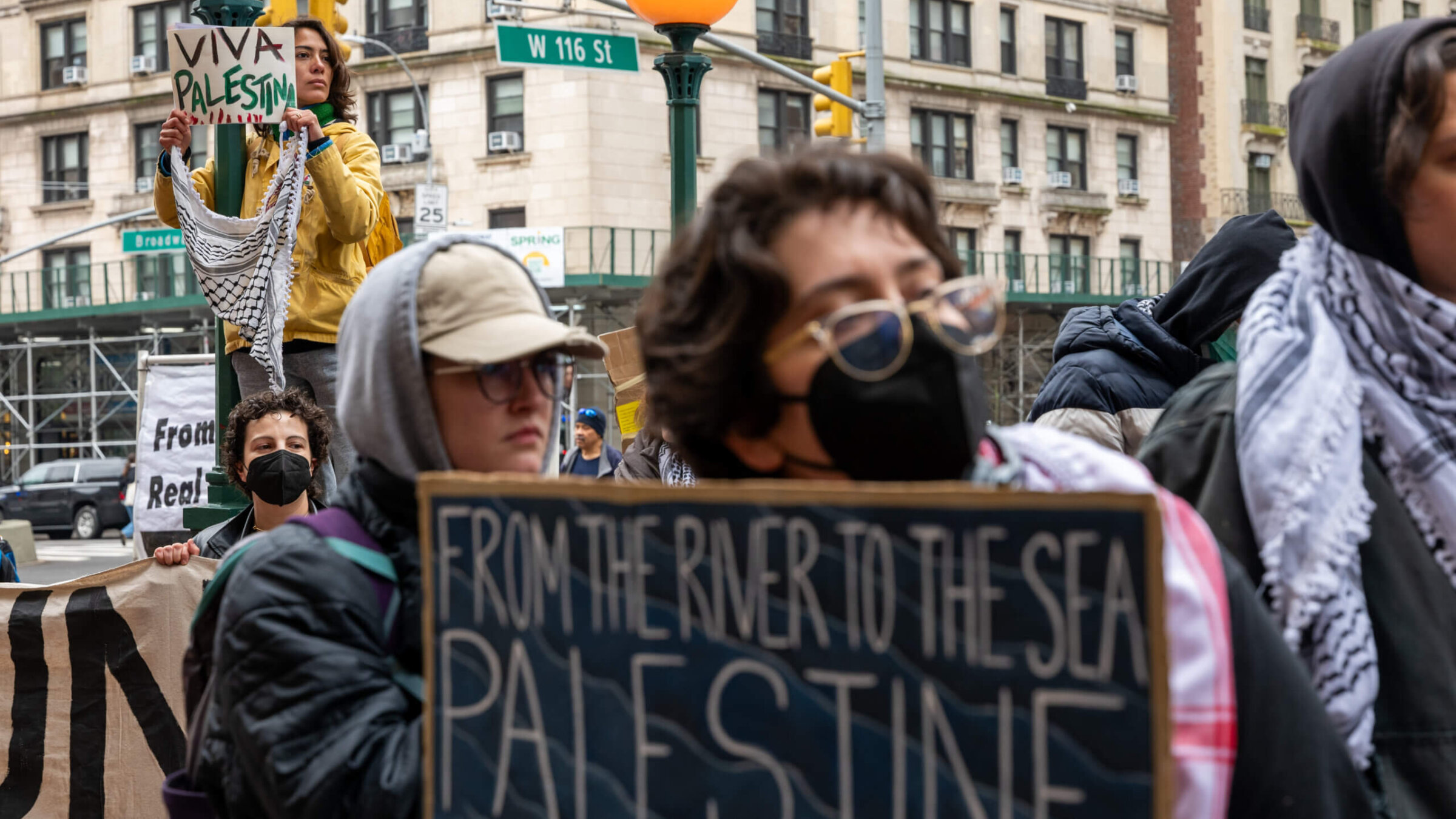 Pro-Palestinian protesters outside Columbia on April 18, 2024.