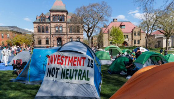 Brown University students call for divestment from their pro-Palestinian encampment on the campus’ Main Green in Providence, Rhode Island, April 24, 2024. (Anibal Martel/Anadolu via Getty Images)