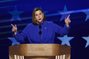  U.S. Rep. Elissa Slotkin (D-MI) speaks on stage during the final day of the Democratic National Convention on Aug. 22, 2024 in Chicago, Illinois.