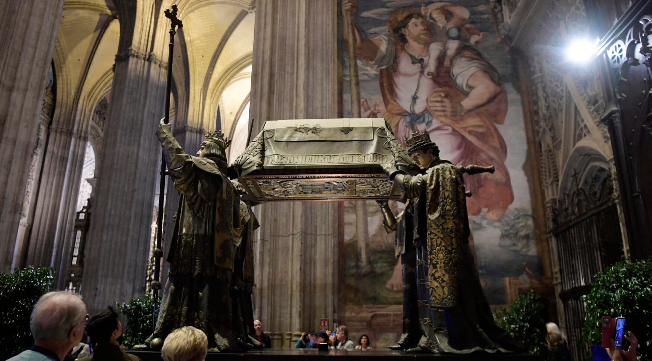 People visit the tomb of Christopher Columbus at the Cathedral of Seville, Oct. 11, 2024, shortly after forensic researchers from the University of Granada said they had confirmed that the bones buried there are in fact Columbus’. (Cristina Quicler/AFP via Getty Images)