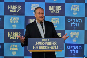 Second Gentleman Doug Emhoff speaks to Jewish voters in Southfield, Michigan on Oct. 20, 2024.