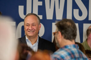 Second Gentleman Doug Emhoff speaks to Jewish voters during a rally for Vice President Kamala Harris in the 2024 presidential campaign at the Sheet Metal Workers Local 80 in Southfield, Michigan last Sunday.