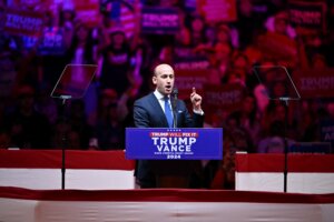 Senior Trump advisor Stephen Miller speaks at a campaign rally for former President and Republican presidential candidate Donald Trump at Madison Square Garden.