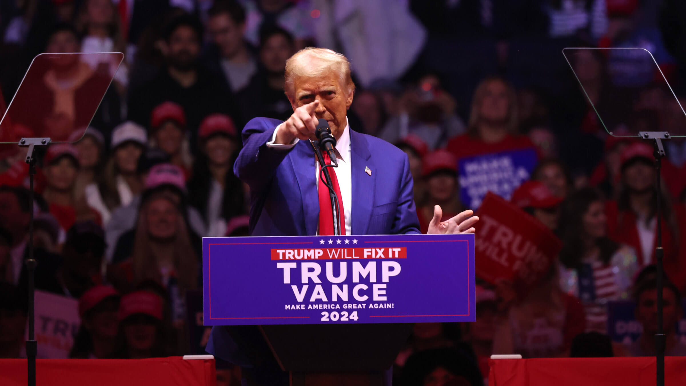 Republican presidential nominee Donald Trump speaks at a campaign rally at Madison Square Garden on Oct. 27, 2024 in New York City. 