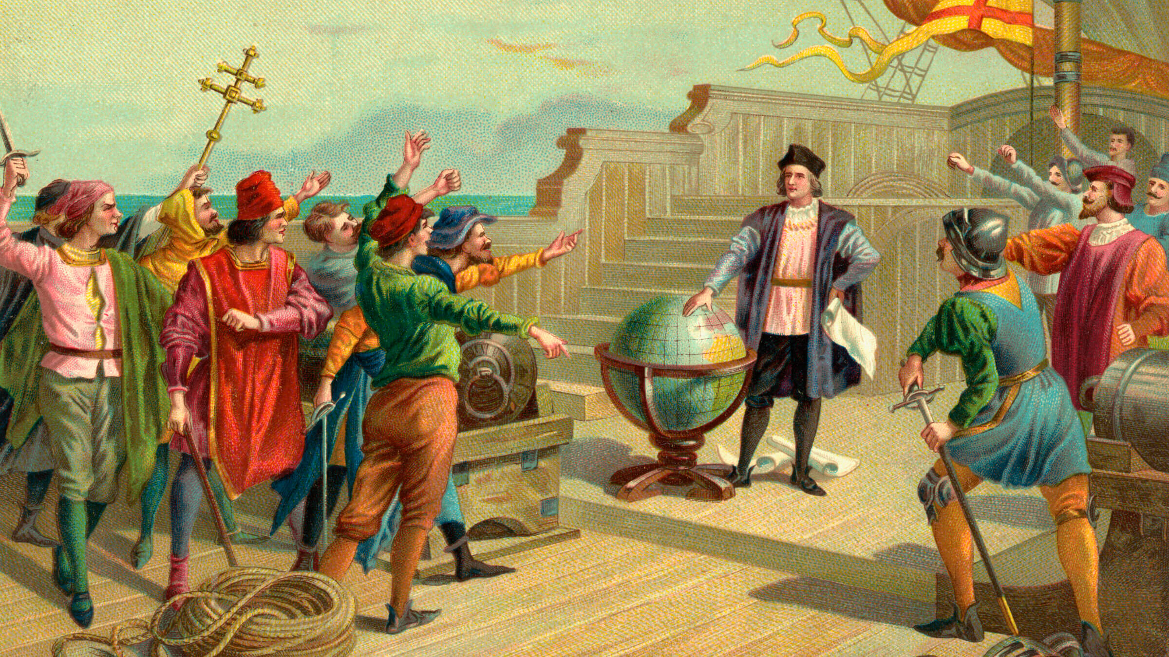 Vintage illustration of Christopher Columbus on the deck of the Santa Maria in 1492.