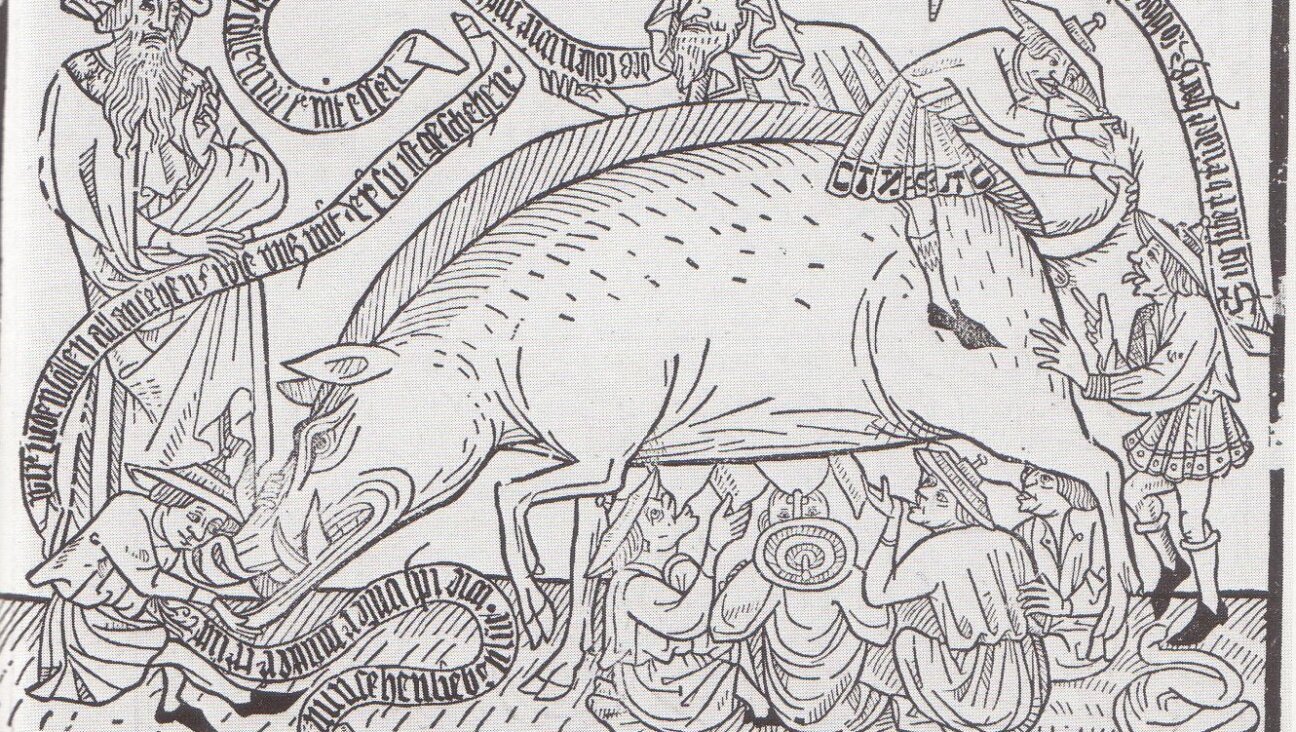 A woodcut from Kupferstichkabinet, Munich, circa 1470, showing the Judensau, an antisemitic symbol featuring Jews loving pigs.