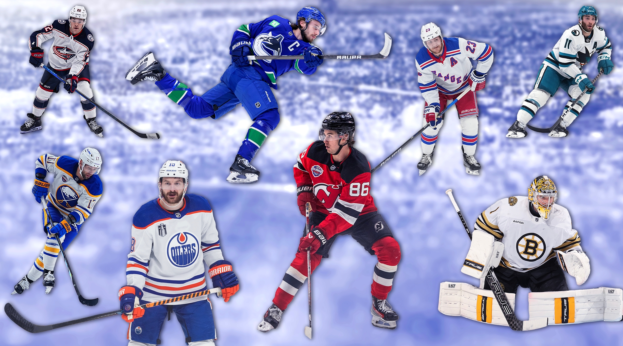 Top row, L-R: Jordan Harris, Quinn Hughes, Adam Fox and Luke Kunin. Bottom row, L-R: Jason Zucker, Zach Hyman, Jack Hughes and Jeremy Swayman. (Getty Images; Design by Grace Yagel)