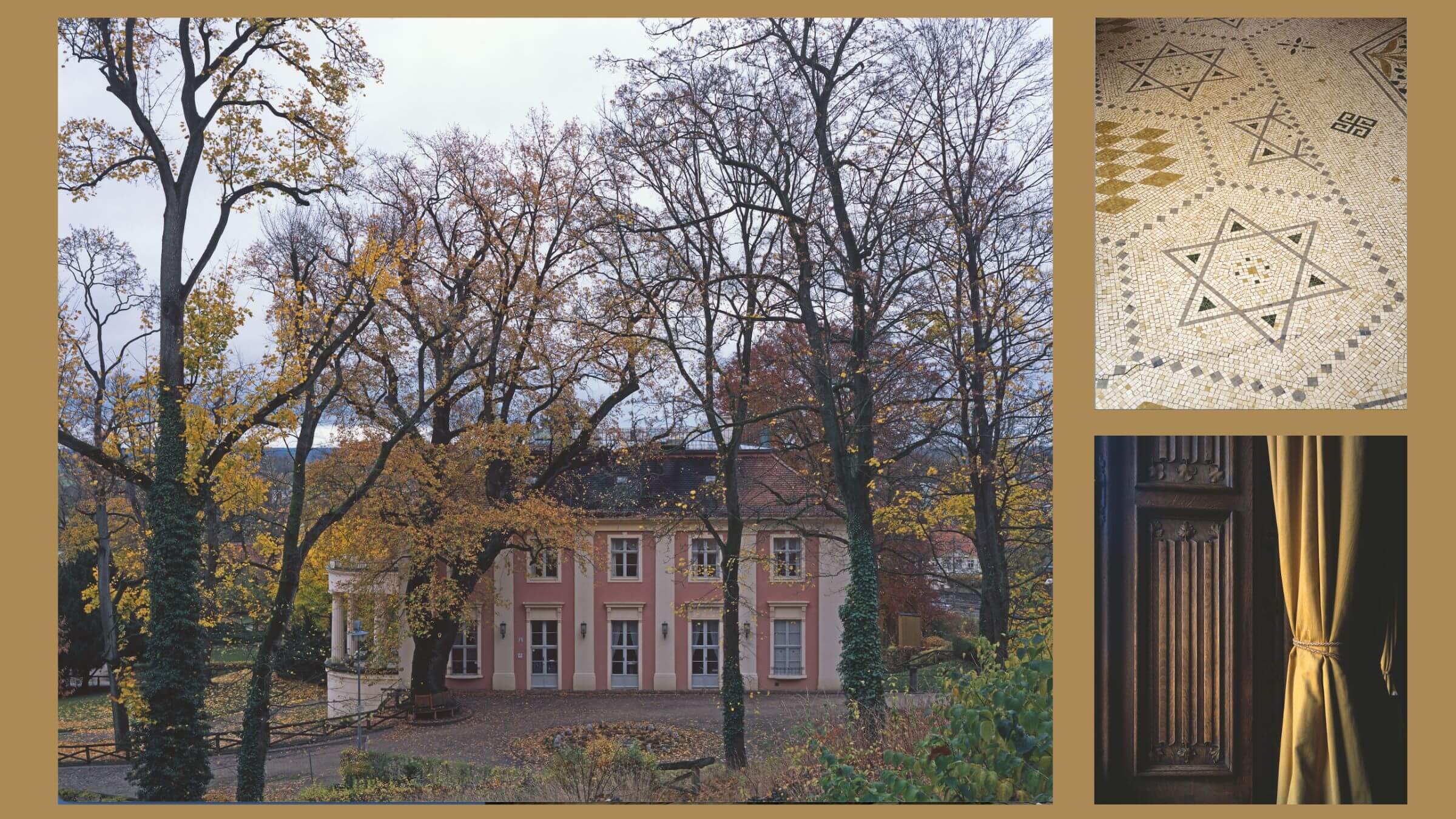 Left: The Schloss Freienwalde house, in Bad Freienwalde, Germany, once owned by Walther Rathenau, a Jewish foreign minister in the Weimar Republic. Top right: Stars of David in a tiled floor at Villa Kérylos on the French Riviera, built for Theodore Reinach, who founded the first Reform synagogue in France. Bottom right: Drapery at Strawberry Hill House, Twickenham, England, once owned by Lady Frances Waldegrave, the daughter of a Jewish opera singer.