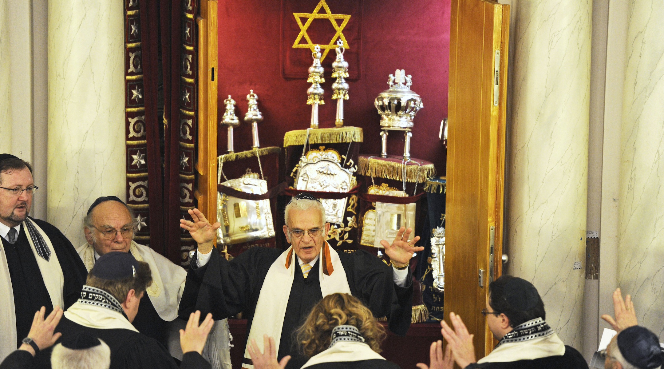 Rabbi Walter Jacob, center, ordains three rabbis during a ceremony at the Pestalozzi strasse Synagogue in Berlin, Nov. 4, 2010. (Odd Andersen/AFP via Getty Images