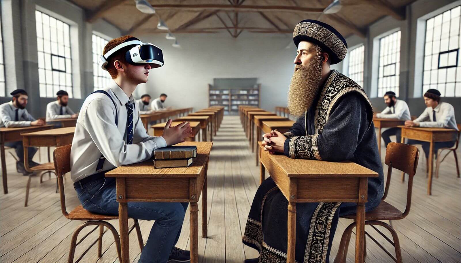 A Jewish man conversing with his ancestor using technology. This image was generated using artificial intelligence.