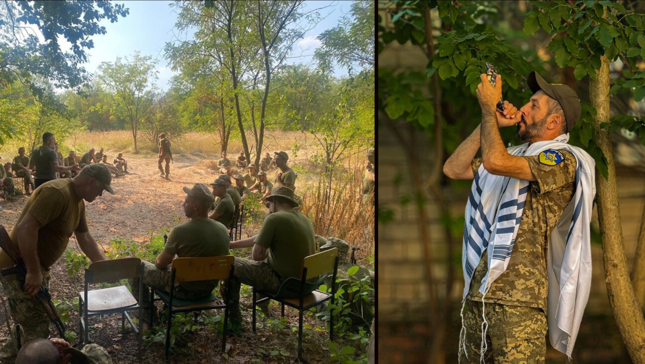 Ukrainian soldiers learn about Rosh Hashanah in the field (left) while Аriel Chernetskiy blows the shofar in uniform, September 2024. (Courtesy Federation of Jewish Communities of Ukraine)