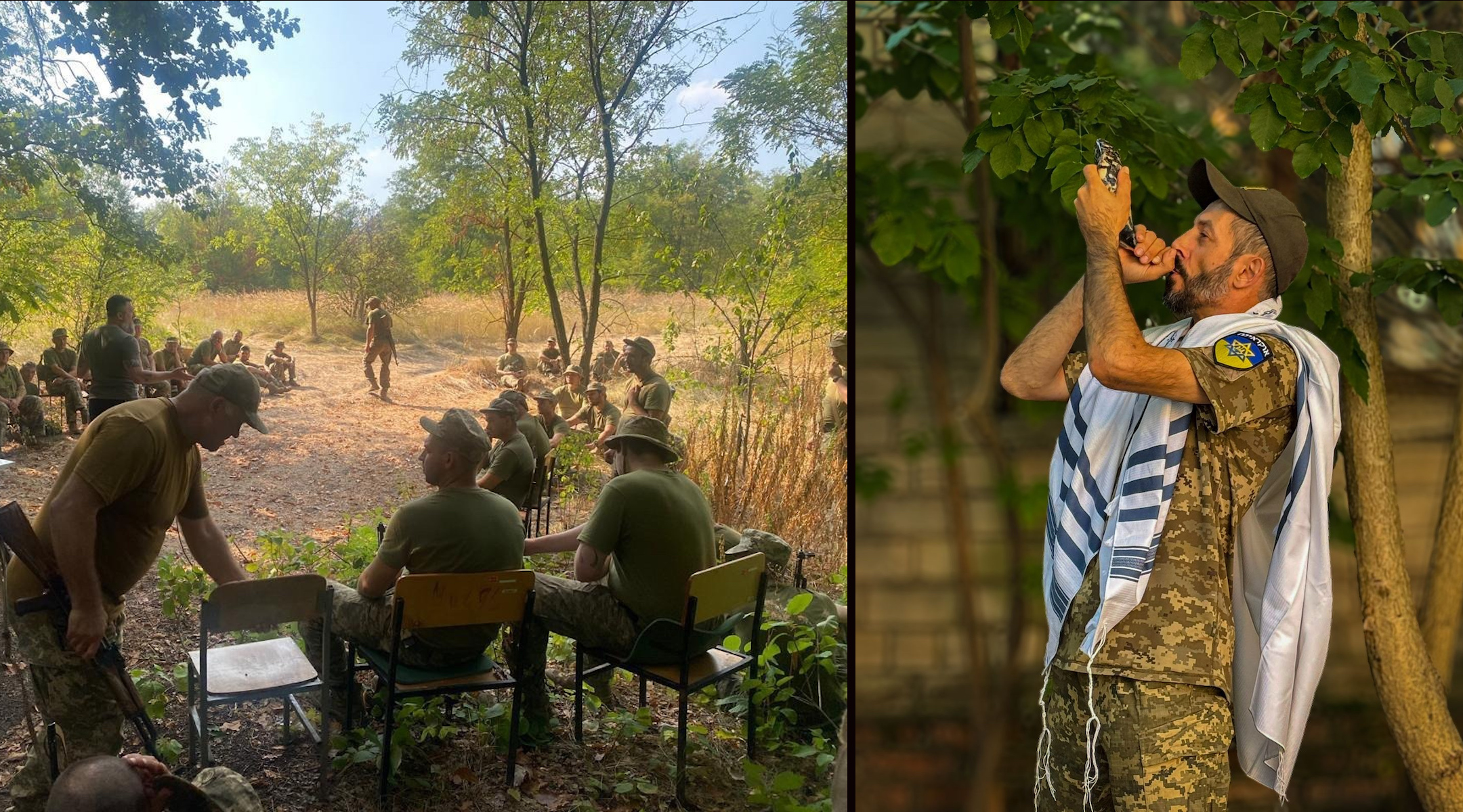 Ukrainian soldiers learn about Rosh Hashanah in the field (left) while Аriel Chernetskiy blows the shofar in uniform, September 2024. (Courtesy Federation of Jewish Communities of Ukraine)