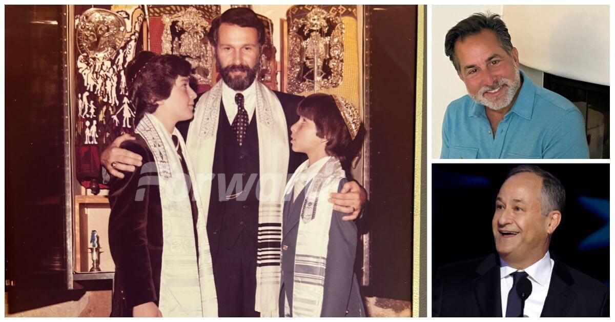 Doug Emhoff, left, and Scott Bermack, right, with Rabbi Henry Weiner at their Nov. 1977 bar mitzvah. Today, Bermack (top) and Emhoff are both attorneys.