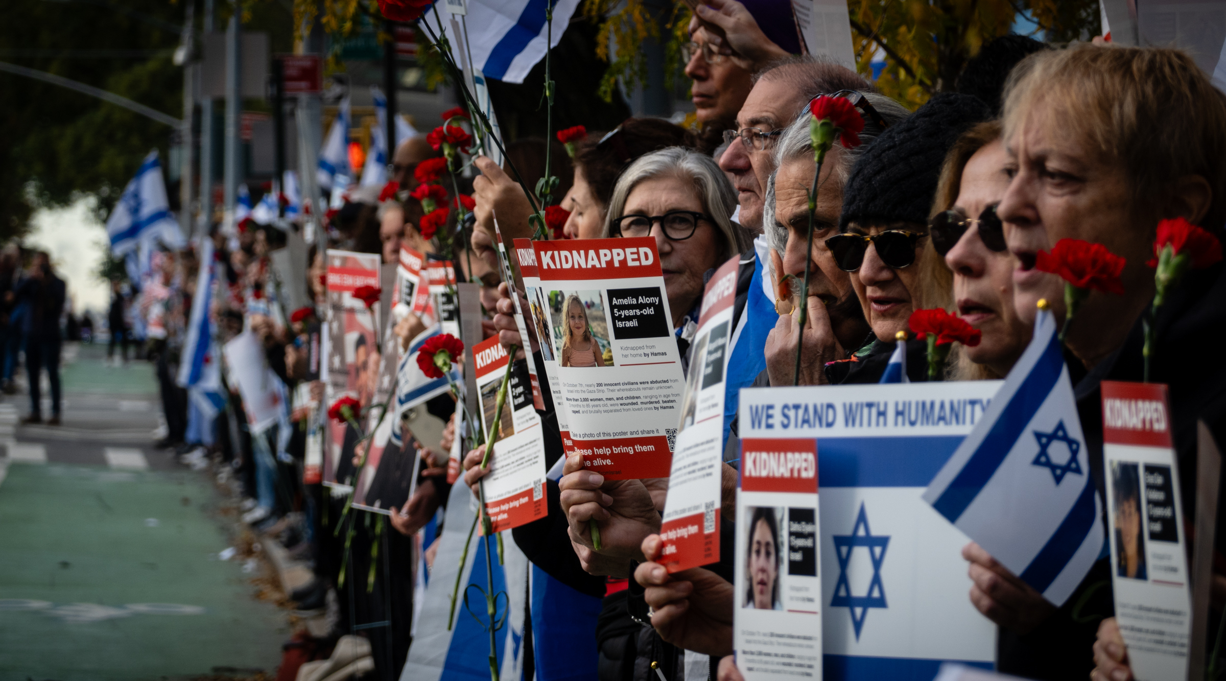 Israelis and supporters rally in support of the hostages outside the United Nations, Oct. 24, 2023. (Luke Tress)