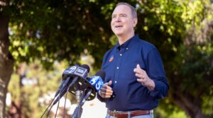 Rep. Adam Schiff talks to the media after voting at McCambridge Recreation Center in Burbank in the race for U.S. Senate that he ultimately won, Nov. 5, 2024. (Hans Gutknecht, Los Angeles Daily News/SCNG)