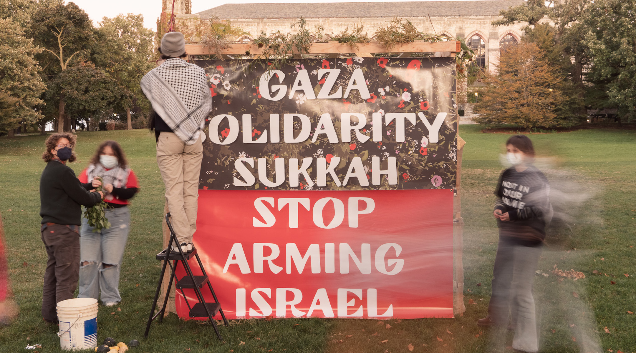 An anti-Zionist Jewish group constructs a “Gaza solidarity sukkah” on the campus of Northwestern University in Evanston, Illinois, for the holiday of Sukkot, 2024. (Courtesy of Jewish Voice for Peace)