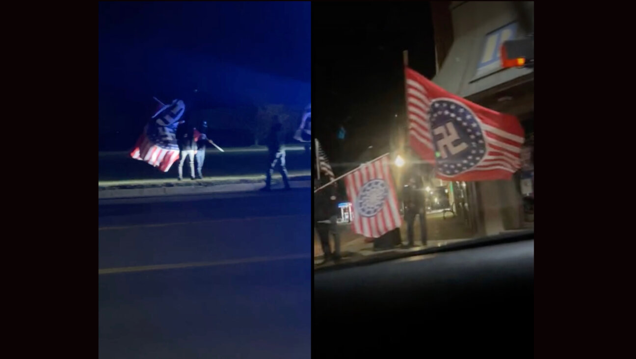 (L-r) Demonstrators waved Nazi flags across the street from a community theater production of “The Diary of Anne Frank” in Howell, Michigan, Nov. 9, 2024; the group then moved onto nearby Fowlerville, Michigan. (Screenshots via American Legion Howell and WLNS News)