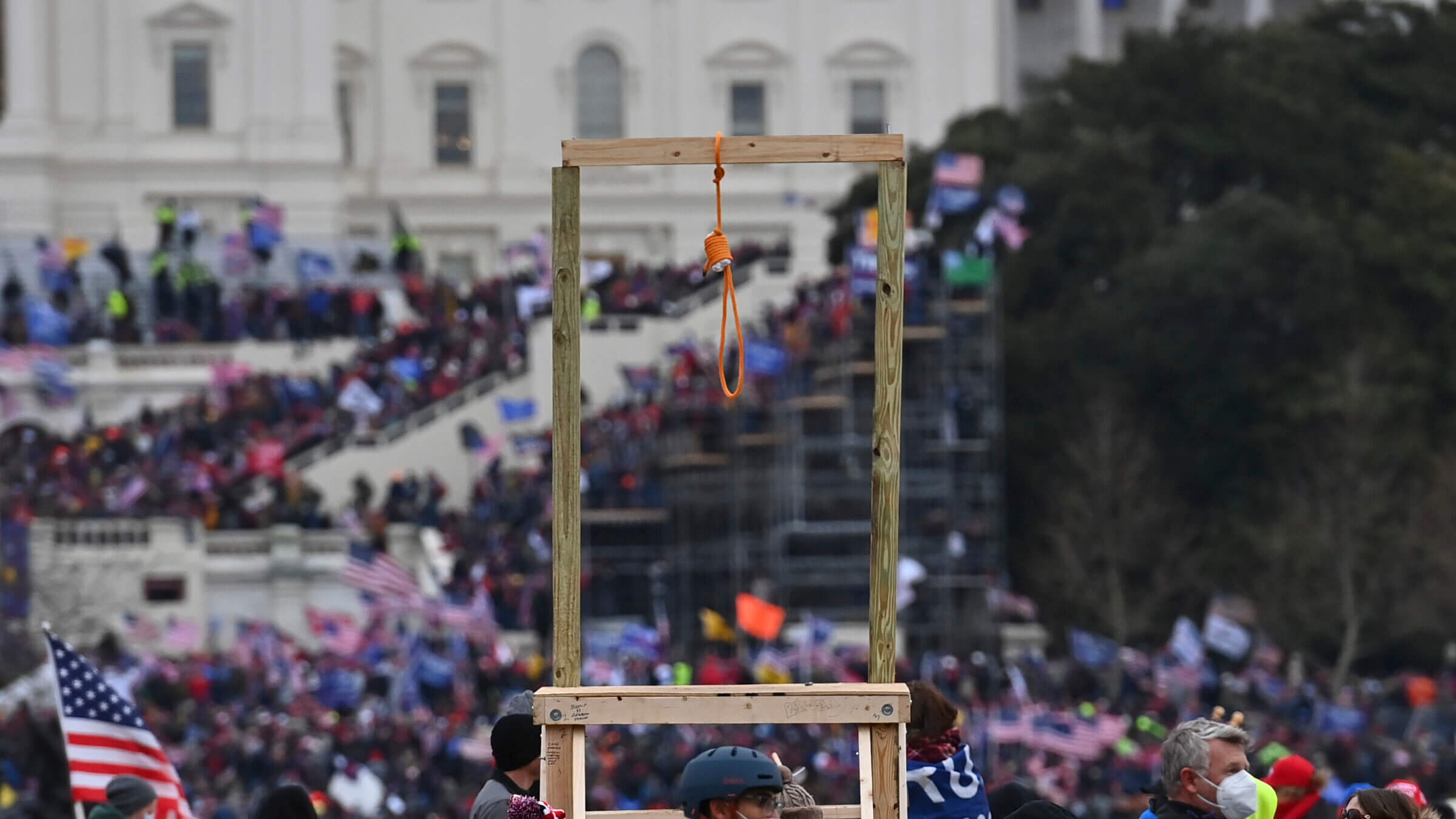 A makeshift  gallows with a noose is seen at the Capitol, Jan. 6, 2021.