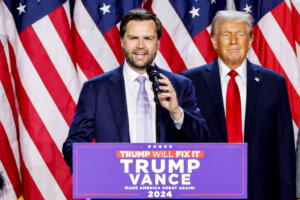 Senator JD Vance, a Republican from Ohio and Republican vice-presidential nominee, left, and former US President Donald Trump during an election night event at the Palm Beach Convention Center in West Palm Beach, Florida, US, on Wednesday, Nov. 6, 2024. Trump is on the cusp of recapturing the White House, projected as the winner across pivotal swing states with his party set to control the Senate and markets swinging in expectation of his possible victory. Photographer: Eva Marie Uzcategui/Bloomberg via Getty Images