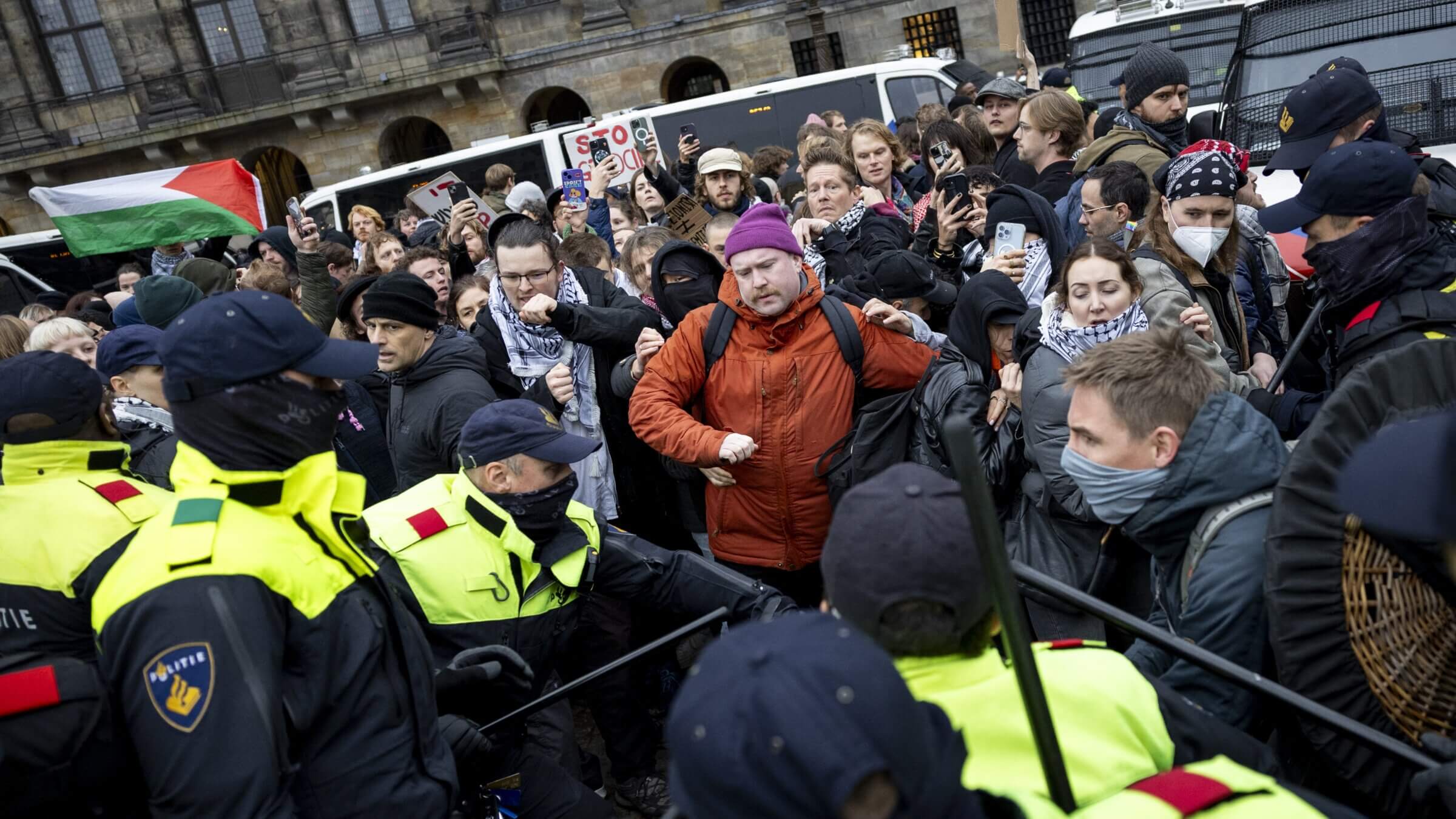 Protesters take part in a pro-Palestinian demonstration on Dam Square in Amsterdam on Nov. 10. The protest is taking place while an emergency ordinance and demonstration ban are in place in the city. 