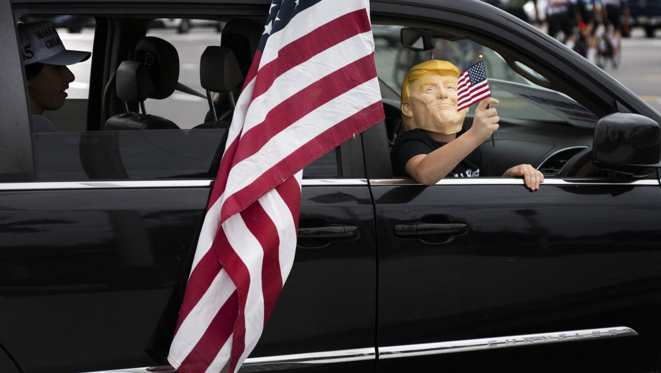 A child in a Trump mask waves a flag in a Trump victory parade in Florida.