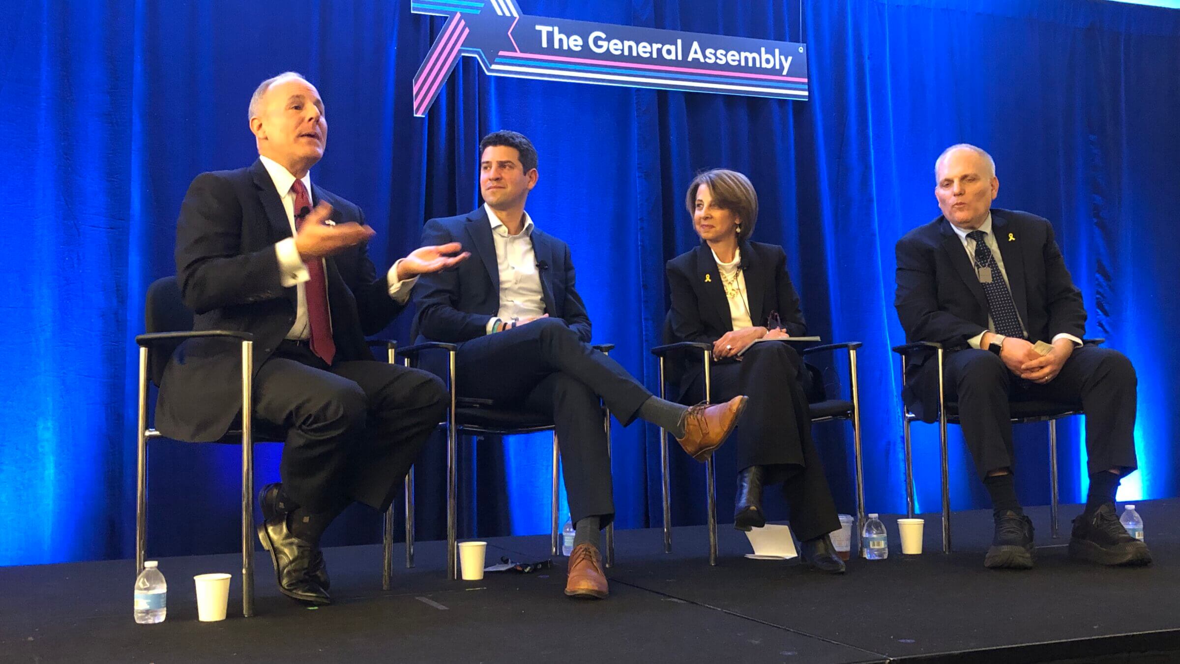 Left to right, Elan Carr, Trump's special envoy on antisemitism; Chanan Weissmann, former White House liaison to the Jewish community; moderator Liz Shrayer  and William Daroff, CEO of the conference of Presidents of Major American Jewish Organizations, discuss Jewish relations with presidential administrations on Nov. 11, 2024, at a panel organized by the Jewish Federations of North America at their annual conference in Washington, D.C.