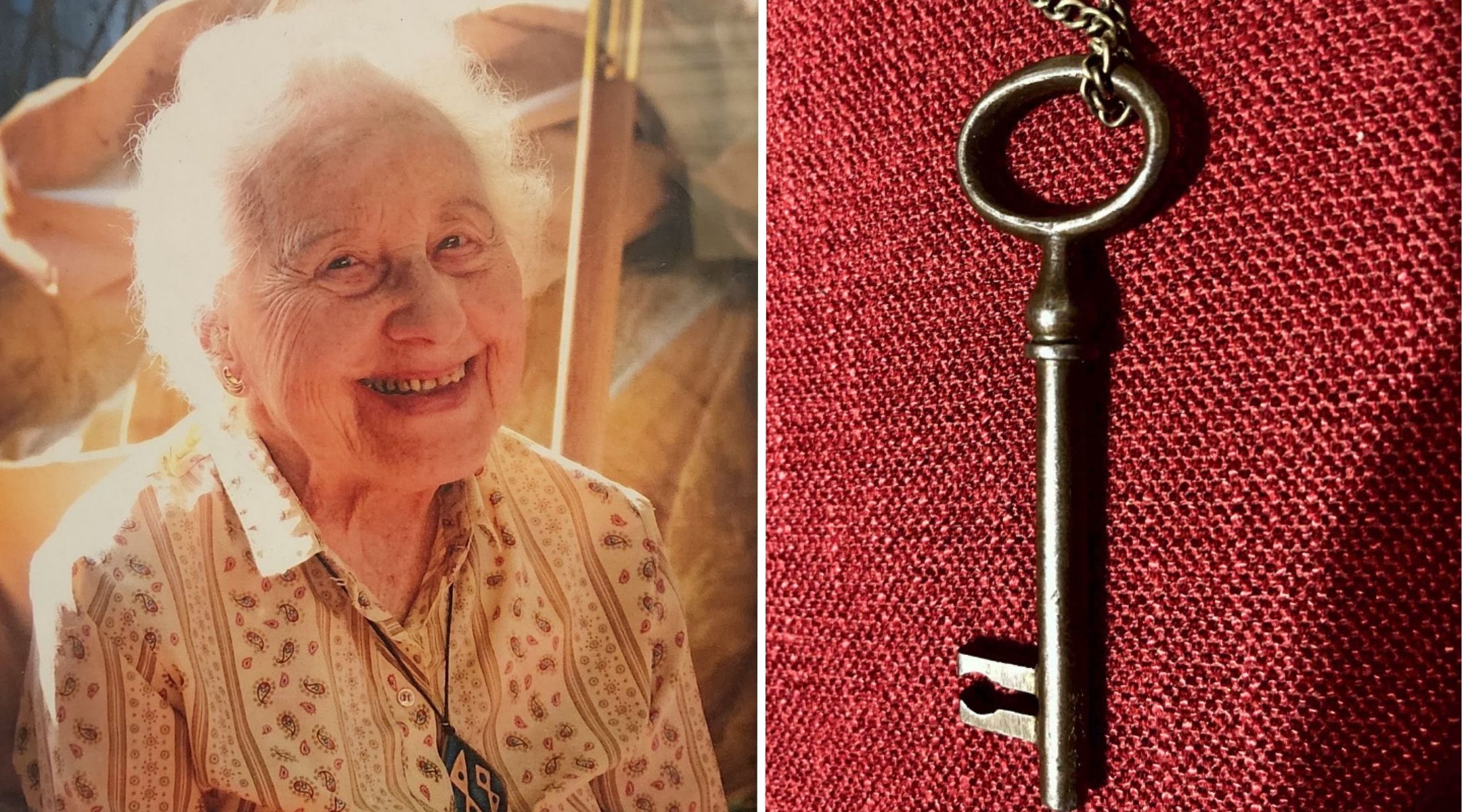 Marianne Bern and the key she kept from the Bielefeld synagogue that was destroyed on Kristallnacht. (Courtesy of Jennifer Bern-Vogel)