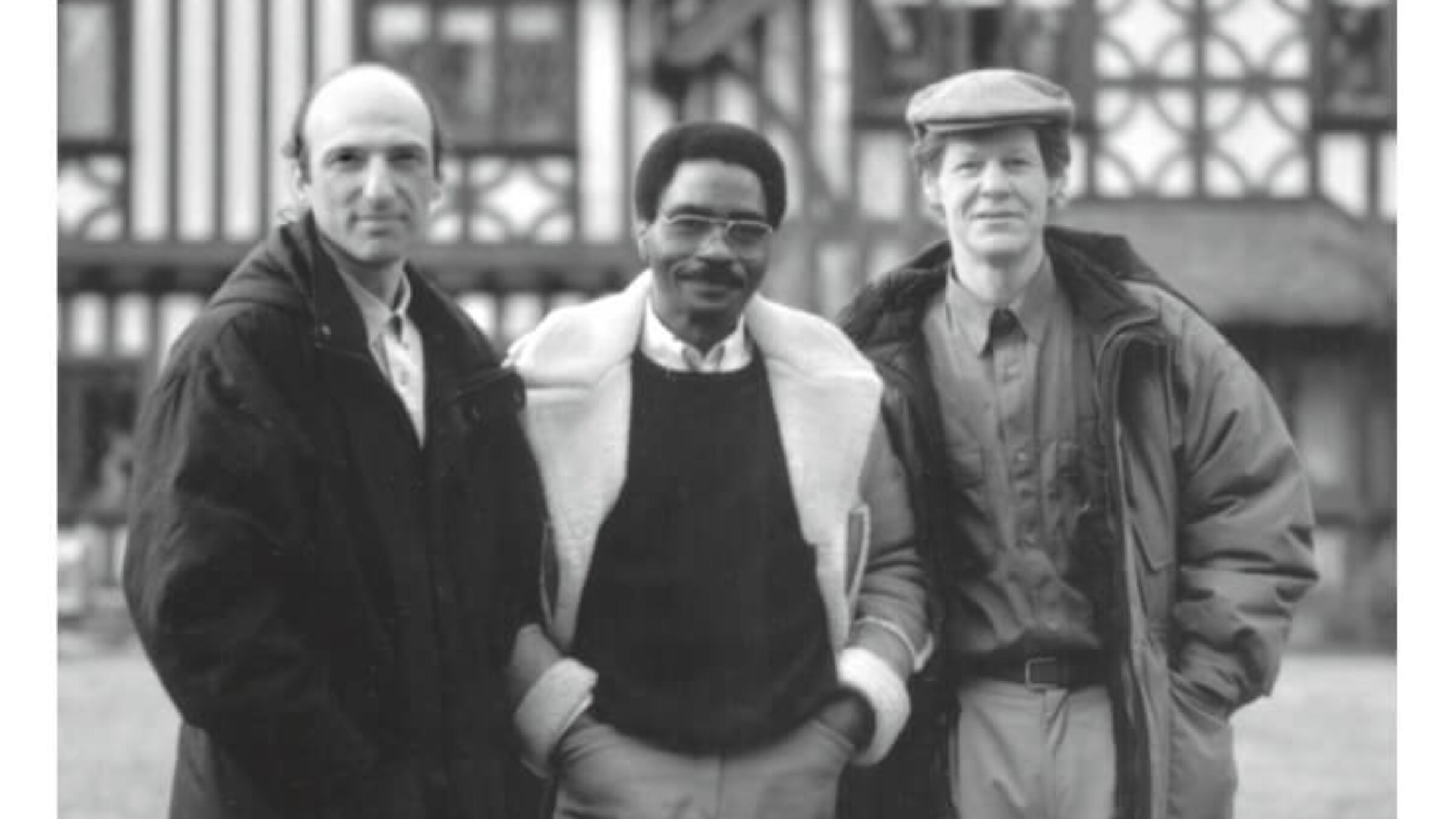 Commune members Sam Chaiton and Terry Swinton with Rubin “Hurricane” Carter outside the commune’s mansion in the King City section of Toronto.