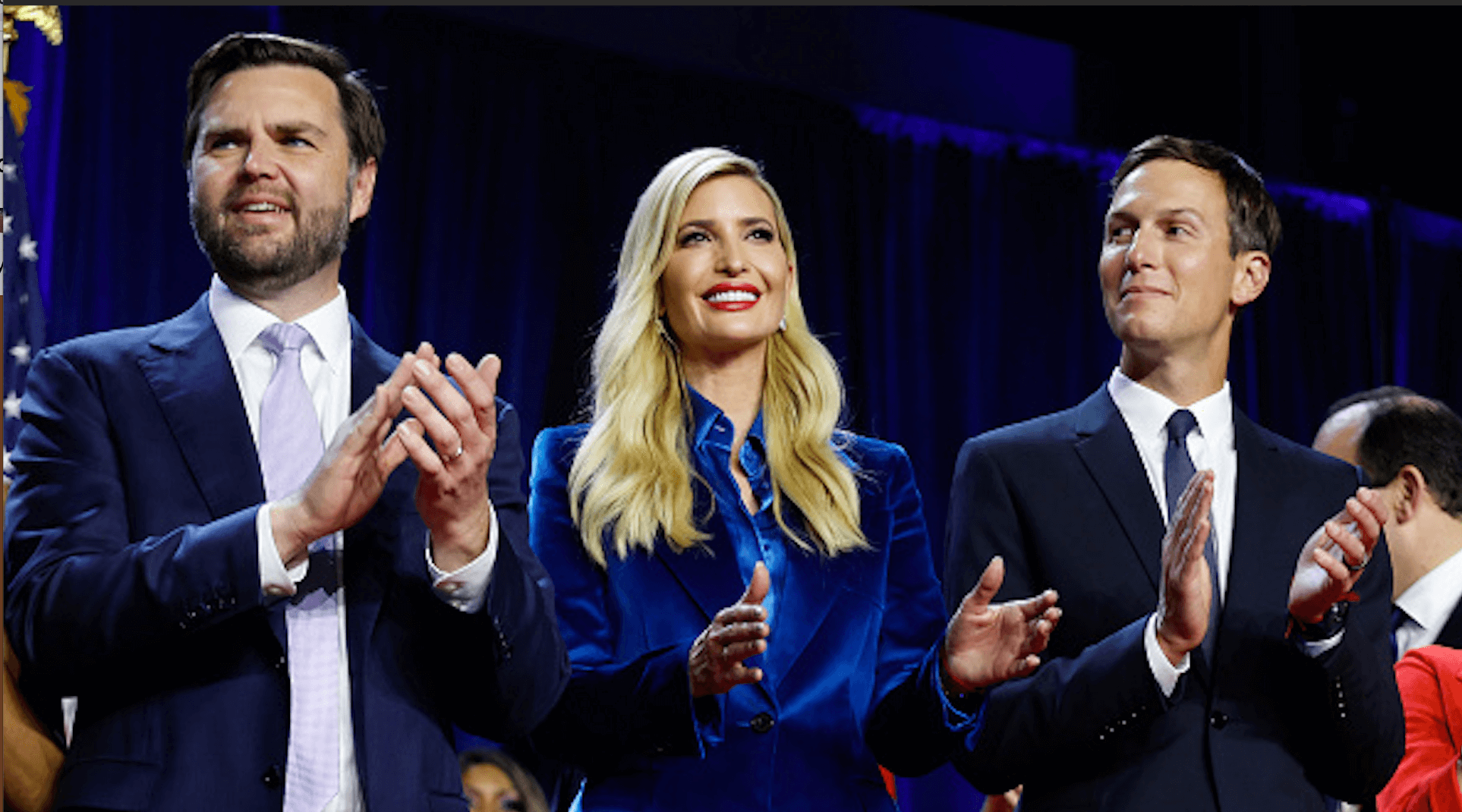 Ivanka Trump, center, with J.D. Vance (L) and Jared Kushner (R).