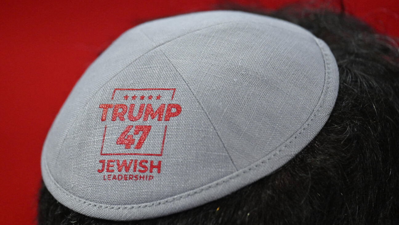 A person wears a kippah with the words "Trump 47 Jewish Leadership" during the last day of the 2024 Republican National Convention.