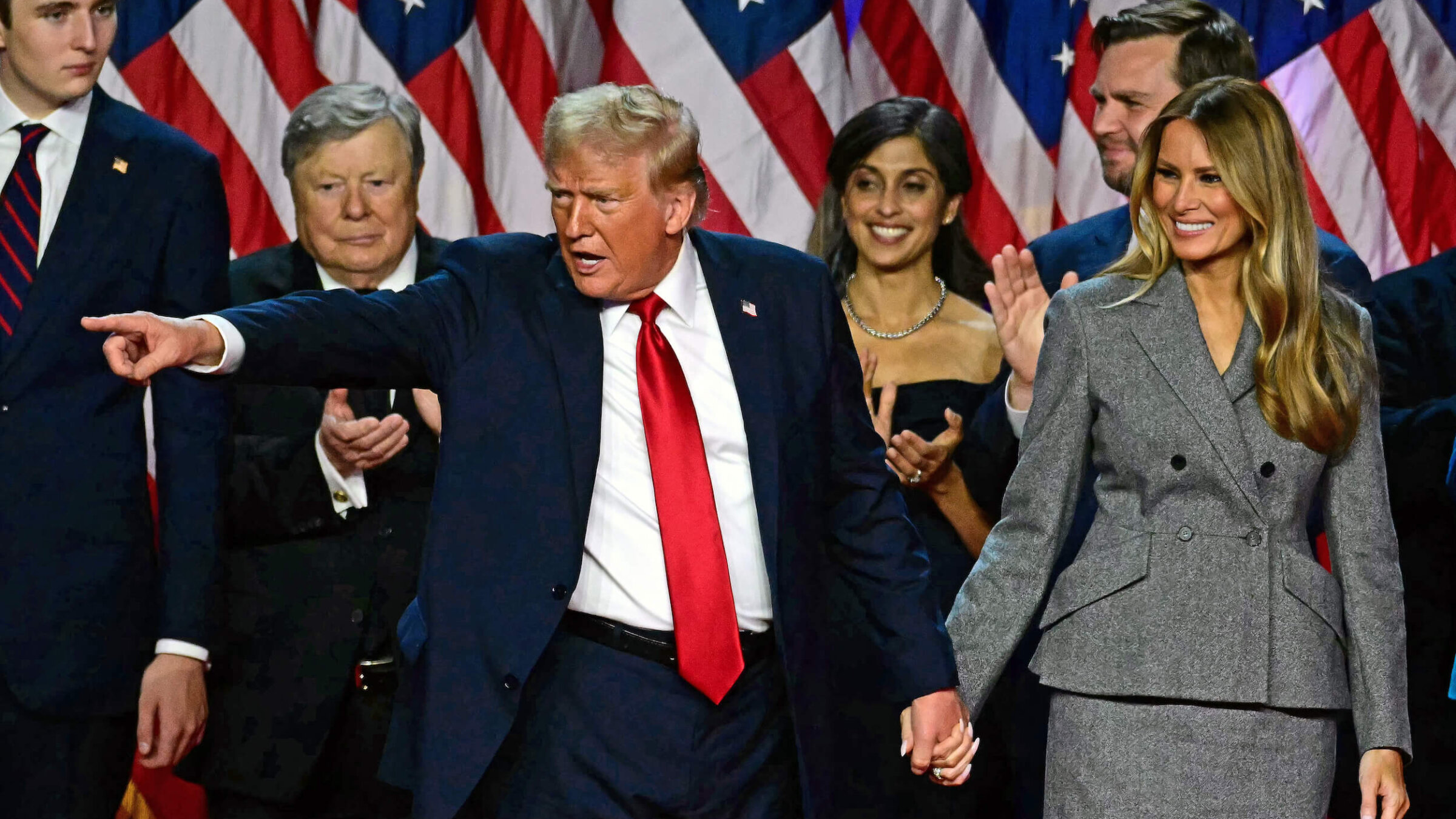 President-elect Donald Trump, with vice president-elect Sen. JD Vance and both their families, during an election night celebration in Florida.