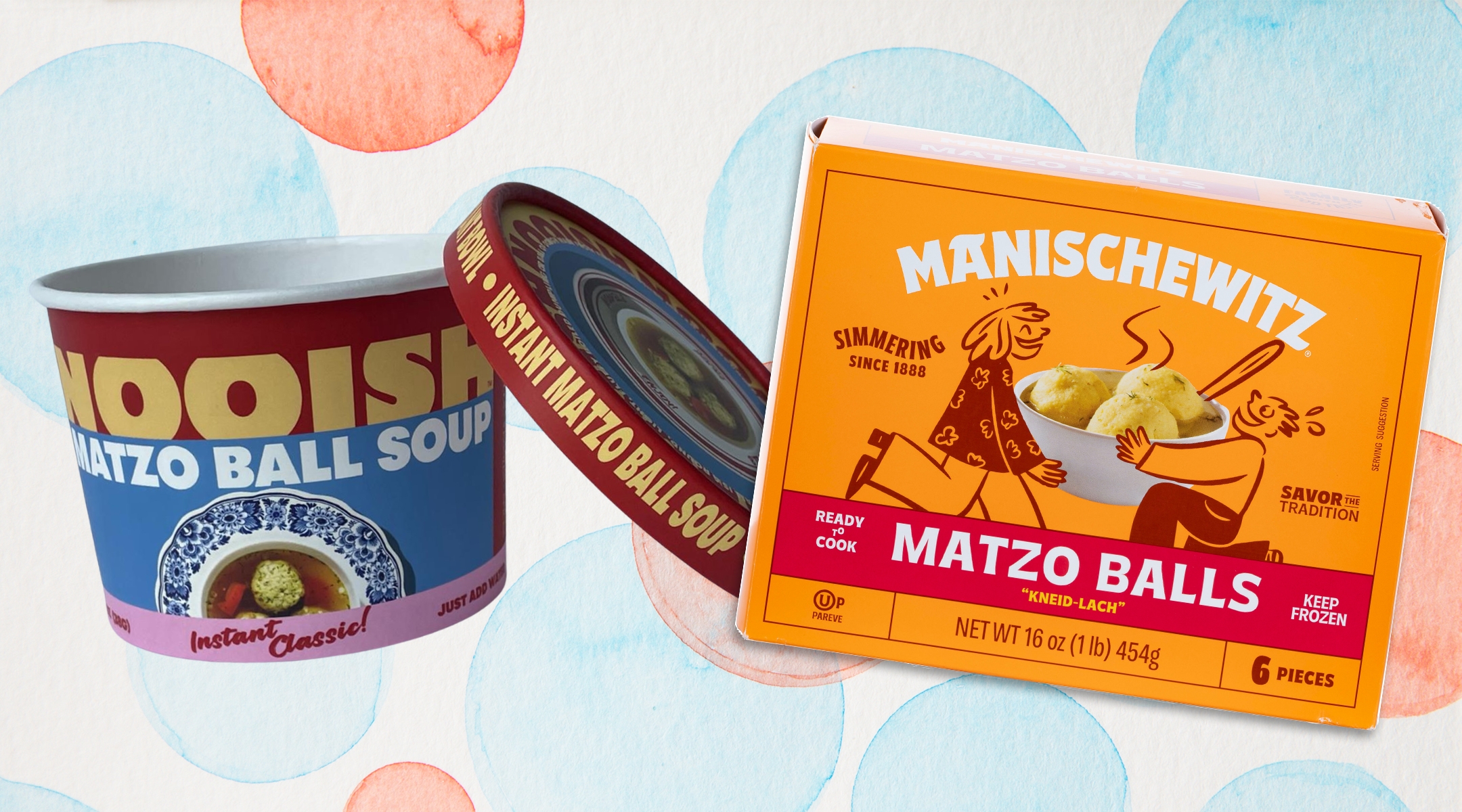 Companies like Nooish (left) and Manischewitz (right) are offering products that allow customers to make instant matzah ball soup with just one added ingredient: hot water. (Courtesy)