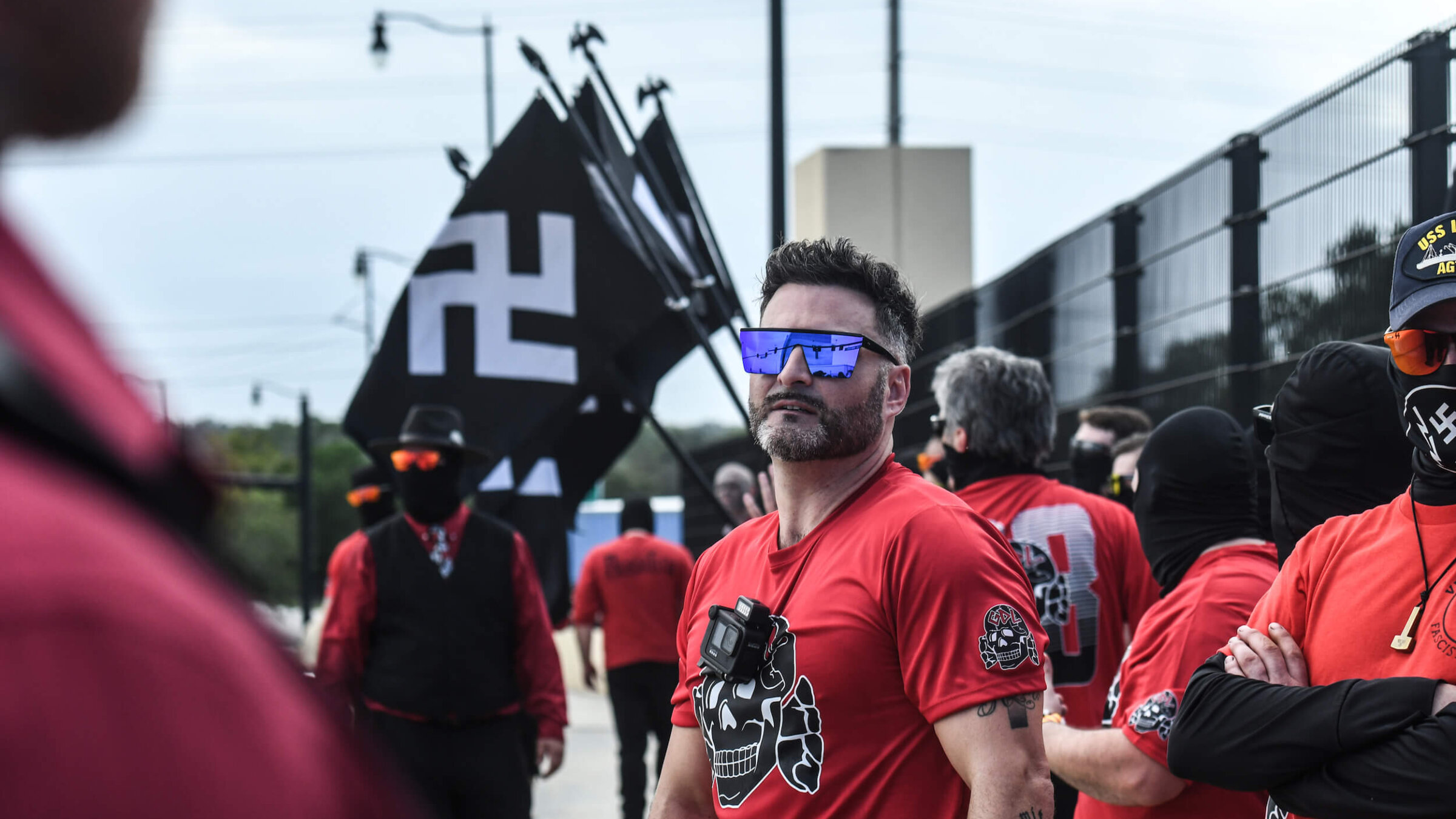 Joe Minadeo, leader of the antisemitic hate group the Goyim Defense League, rallies with another neo-Nazi group, Blood Tribe, on Sept. 2, 2023 in Orlando, Florida.