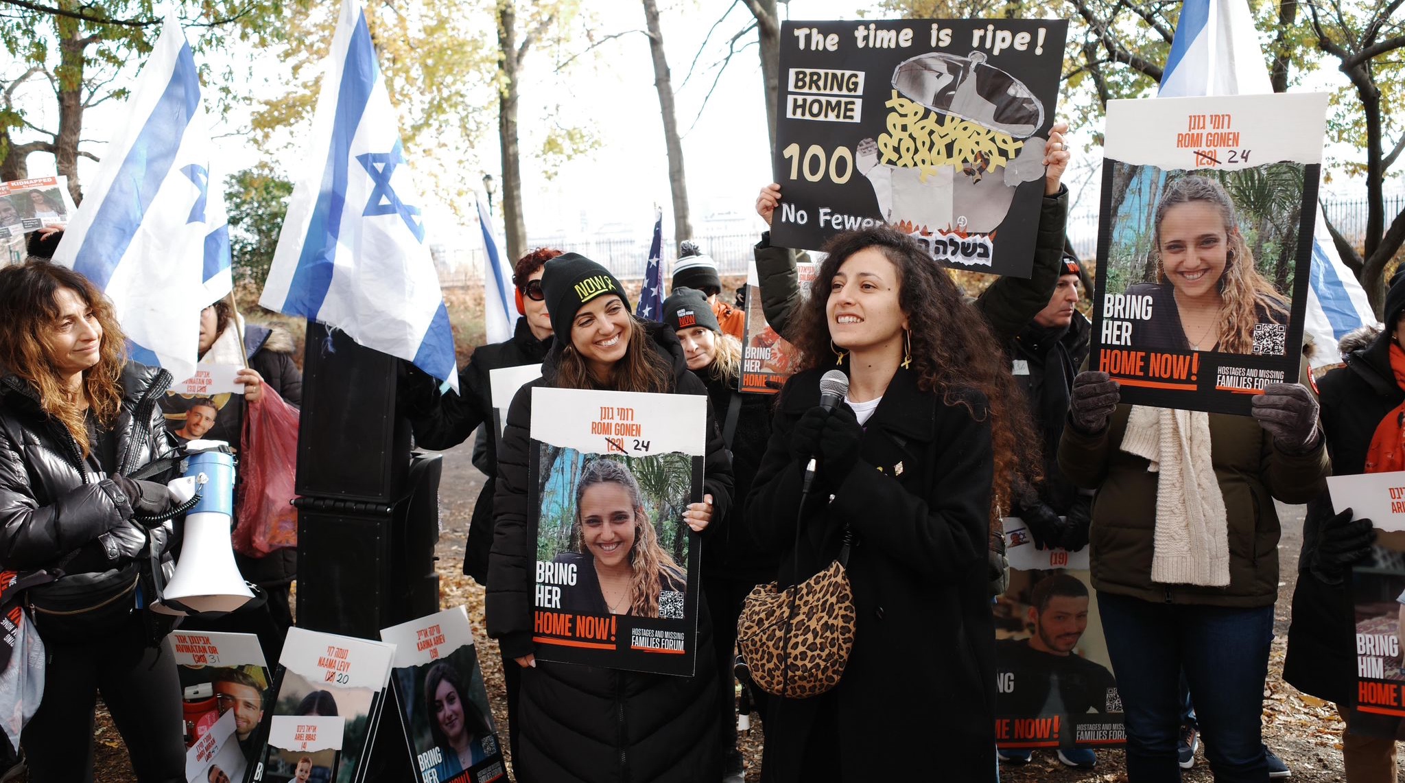 Yarden Gonen, whose sister Romi Gonen remains captive in Gaza, speaks at a rally in Central Park, New York, Dec. 15, 2024. (Hostages and Missing Families Forum Headquarters)